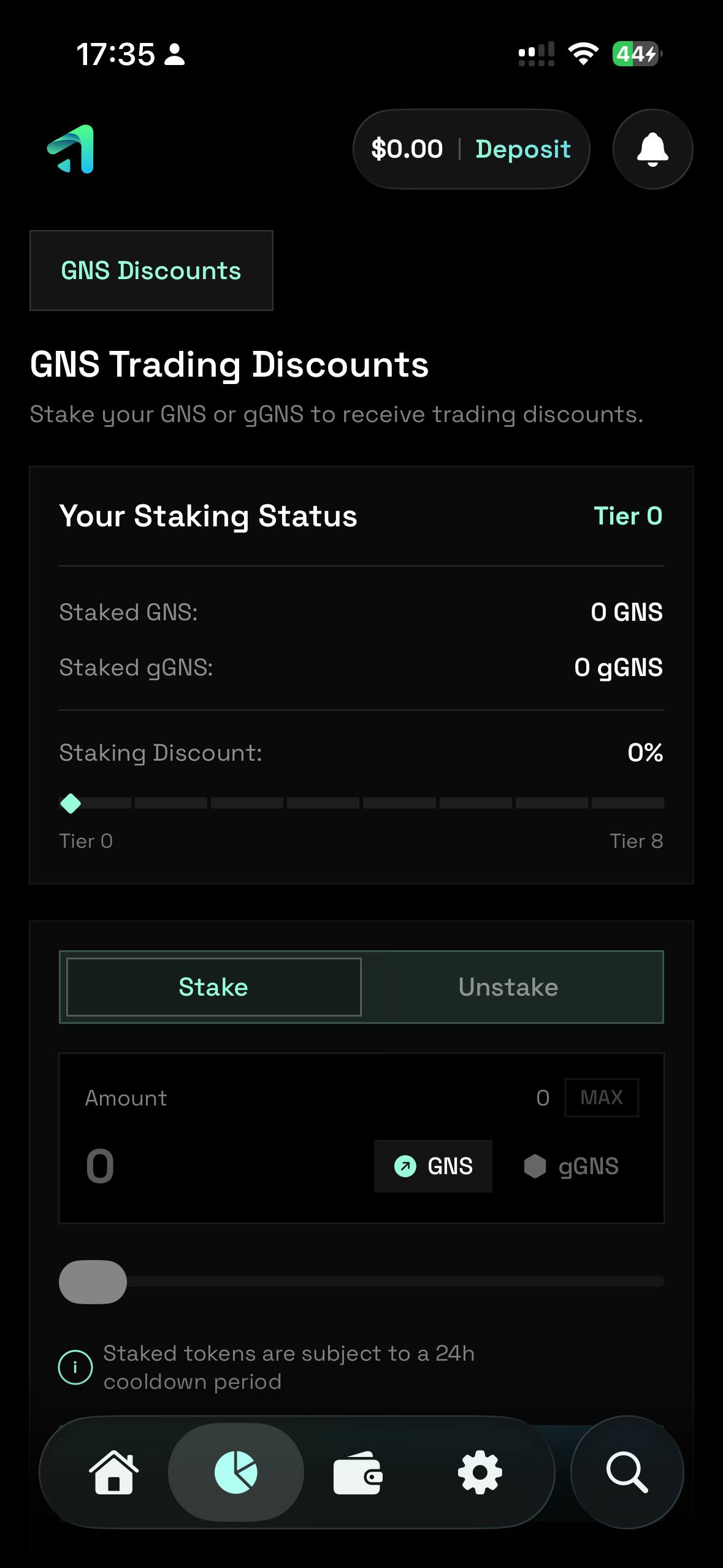 gTrade mobile app showing staking